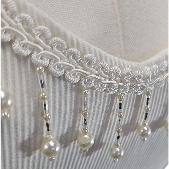 Vtg Joy USA White Ribbed Bodycon Dress Sz M Fringe Beaded Collar Dolly Parton - Picture 6 of 9